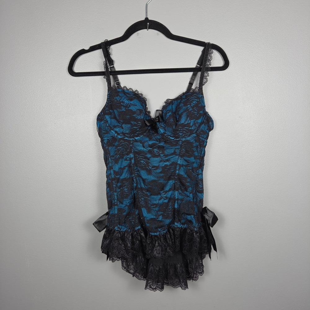 Rene Rofe Women's L Corset Bustier Teal Black Floral Lace Ruffle Bow Underwire